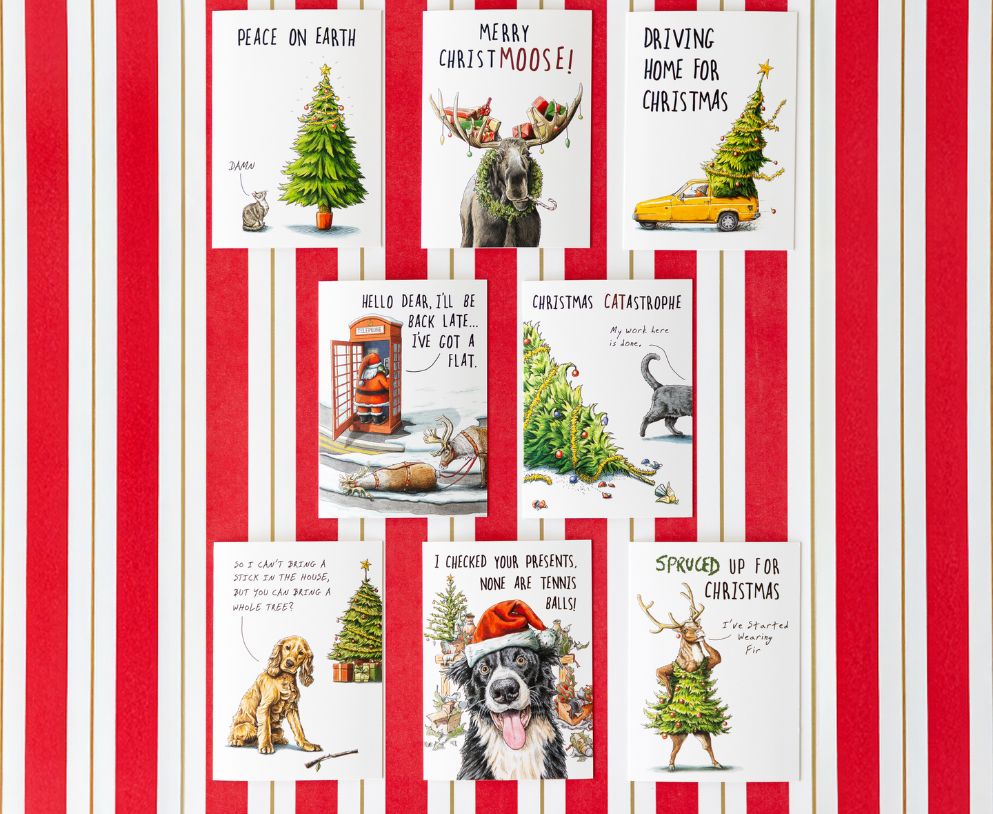 Bewilderbeest assorted Christmas cards on the Red & Gold Awning Stripe Runner.