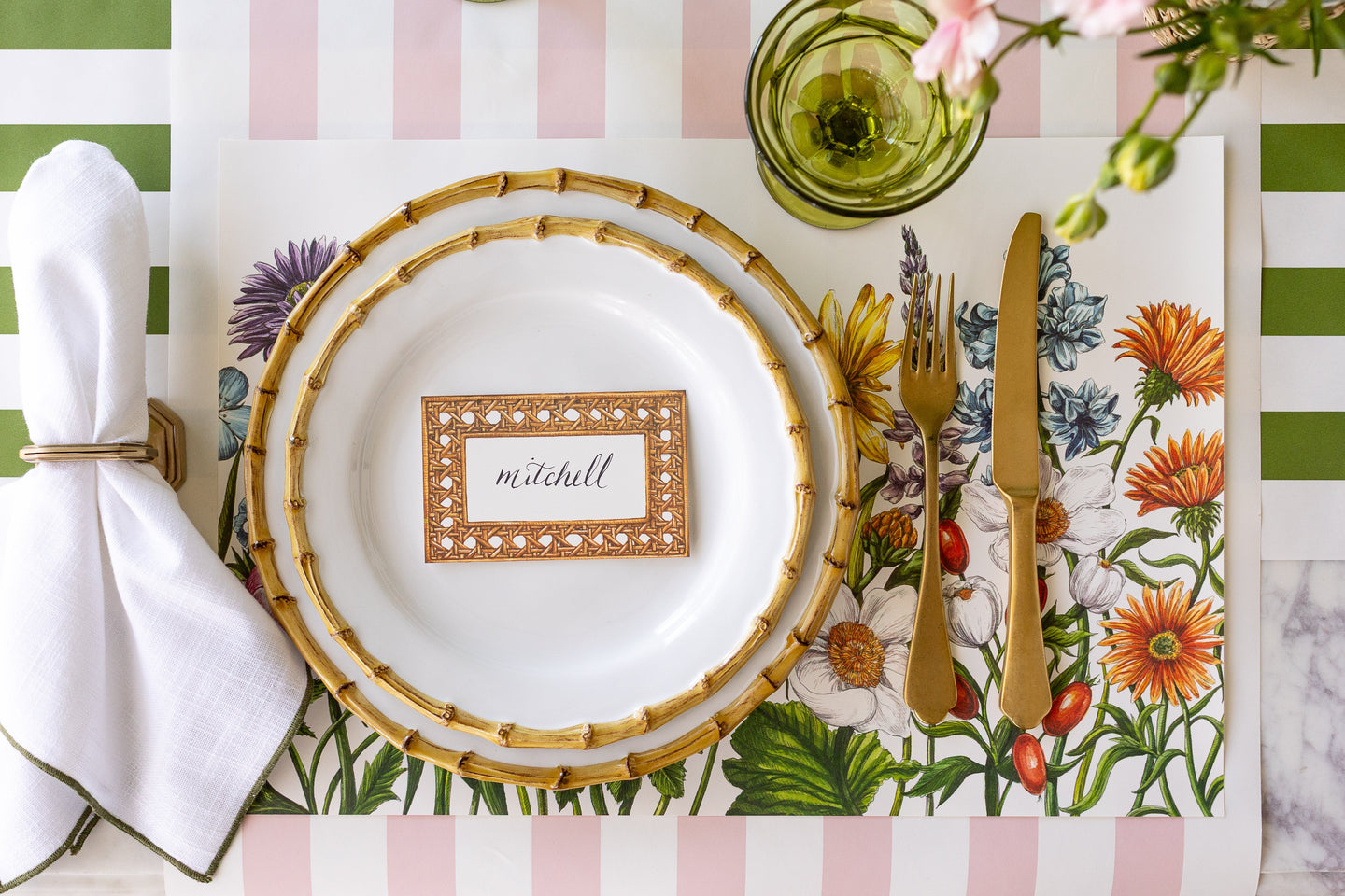 An elegant place setting with the Wildflower Meadow Placemat under Juliska Bamboo dinnerware.