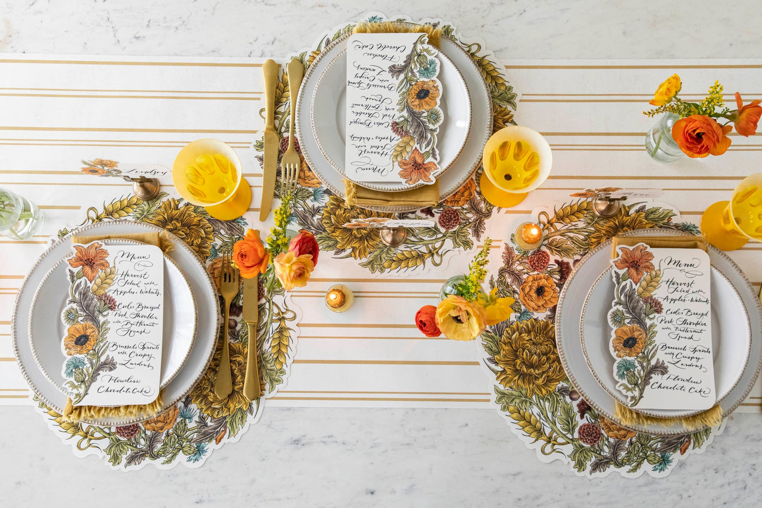 Die-cut Autumn Acanthus Wreath styled on a fall table with the Antique Gold Stripe Runner.