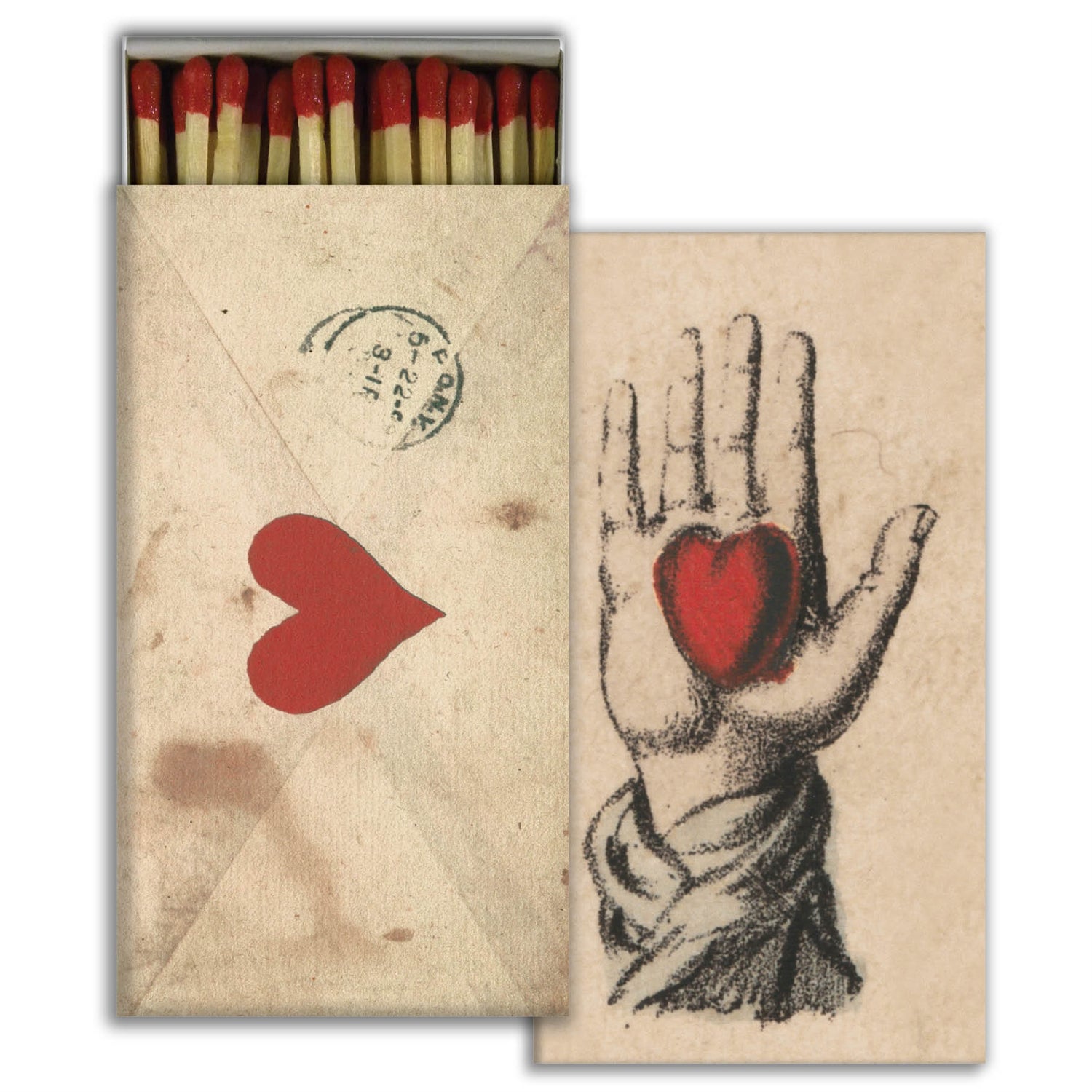 A box of safety matches with a graphic design of a hand holding a heart and another heart shape on the side.
