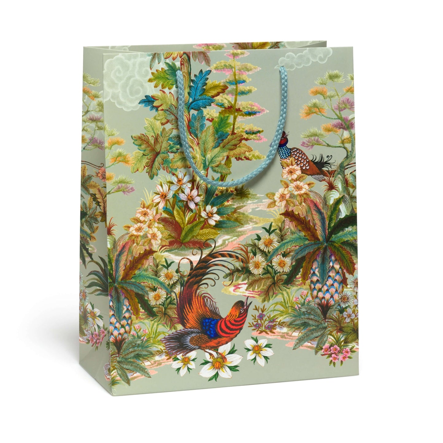 Gift bag with colorful bird and floral design on a light green background.