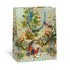 Gift bag with colorful bird and floral design on a light green background.