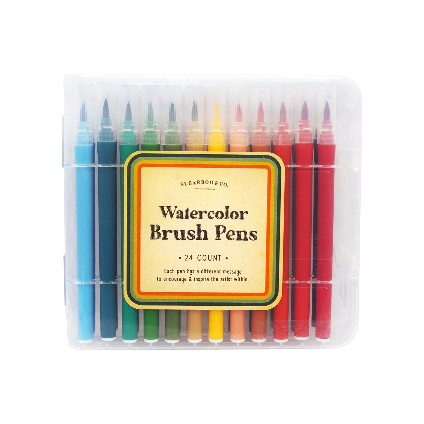 Set of 24 color watercolor brush pens in a plastic container. 