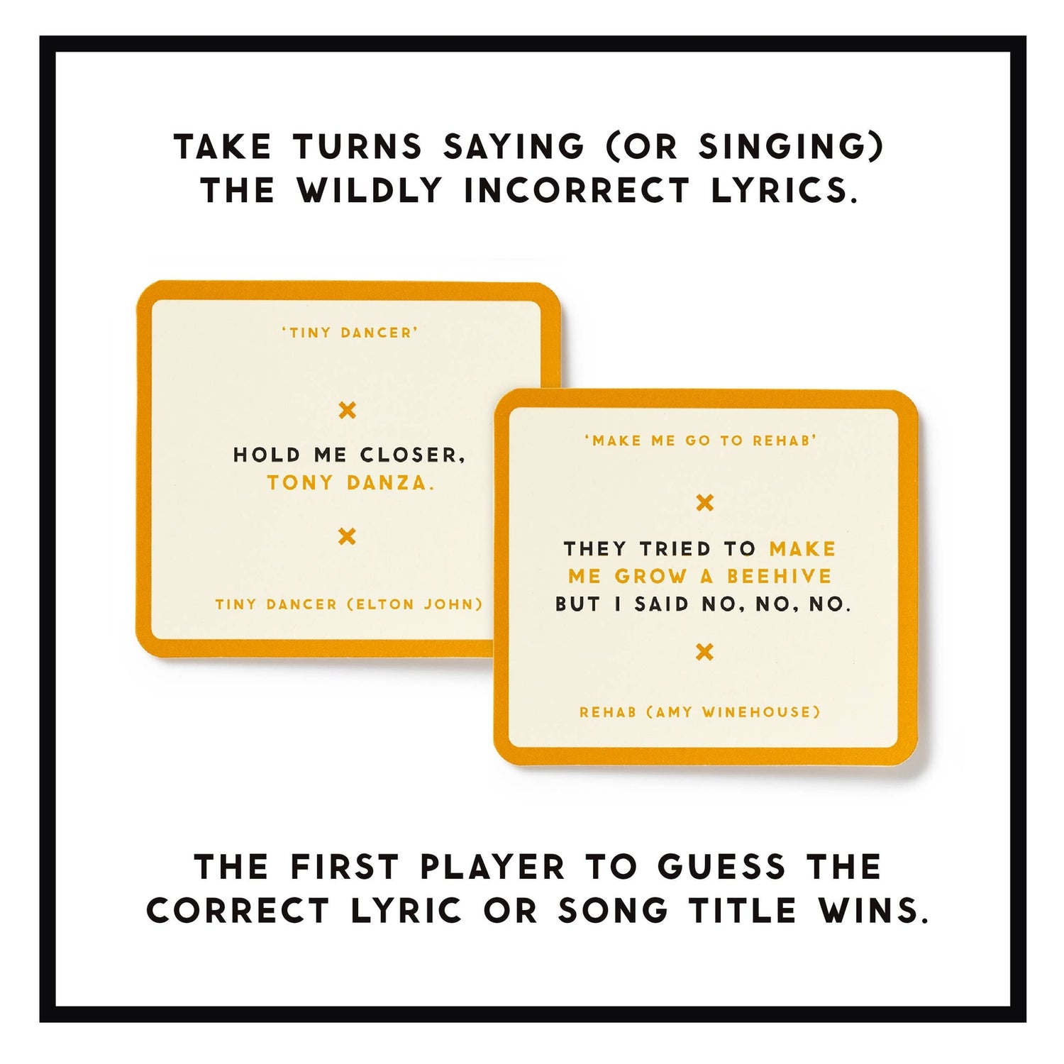 Two playing cards with humorous lyrics on a white background with text instructions.