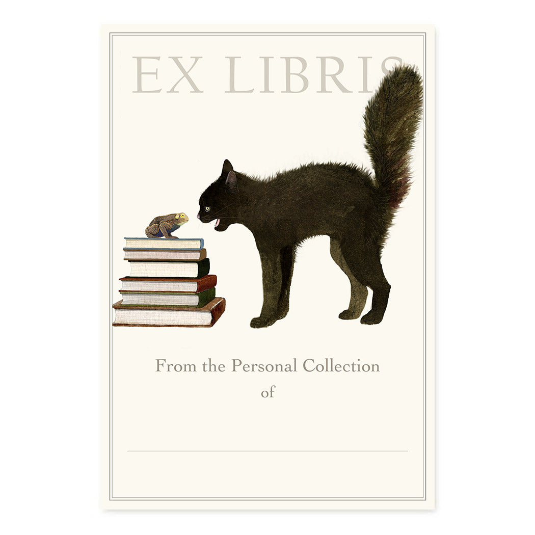 Ex Libris design with a black cat and books on a white background.