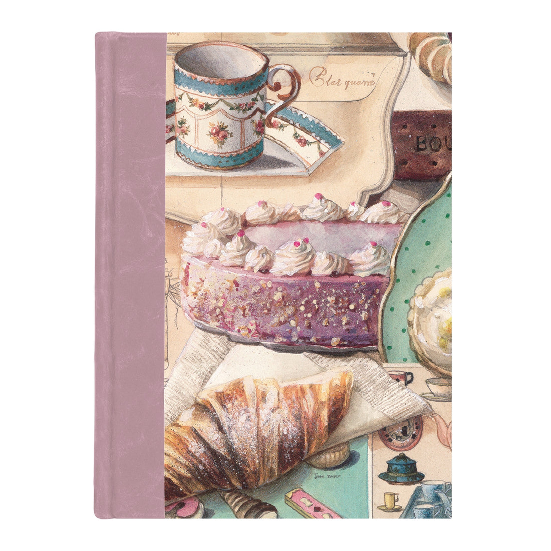 Notebook with a design of pastries and a teacup on the cover