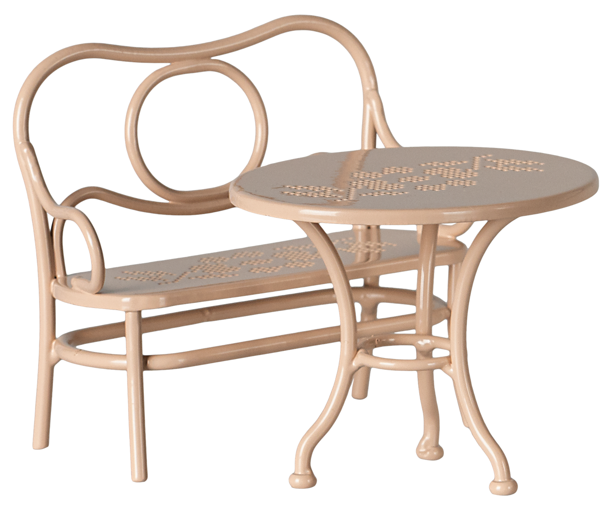 Pink cafe table and bench for mice by Maileg. 