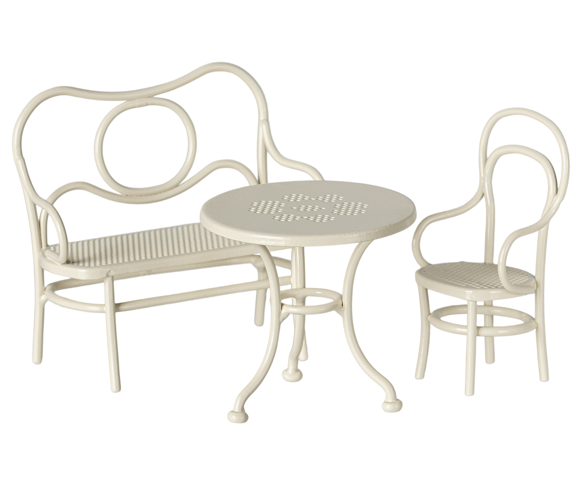 Off white cafe table with bench and chair for Maileg mice. 