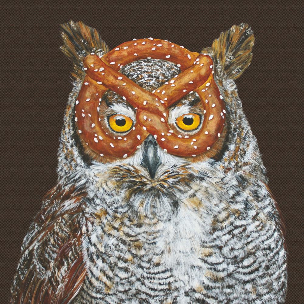 A detailed painting of an owl with striking yellow eyes and brown-spotted feathers against a brown background, depicted on Paper Products Design Otto with Pretzel Beverage Napkins.
