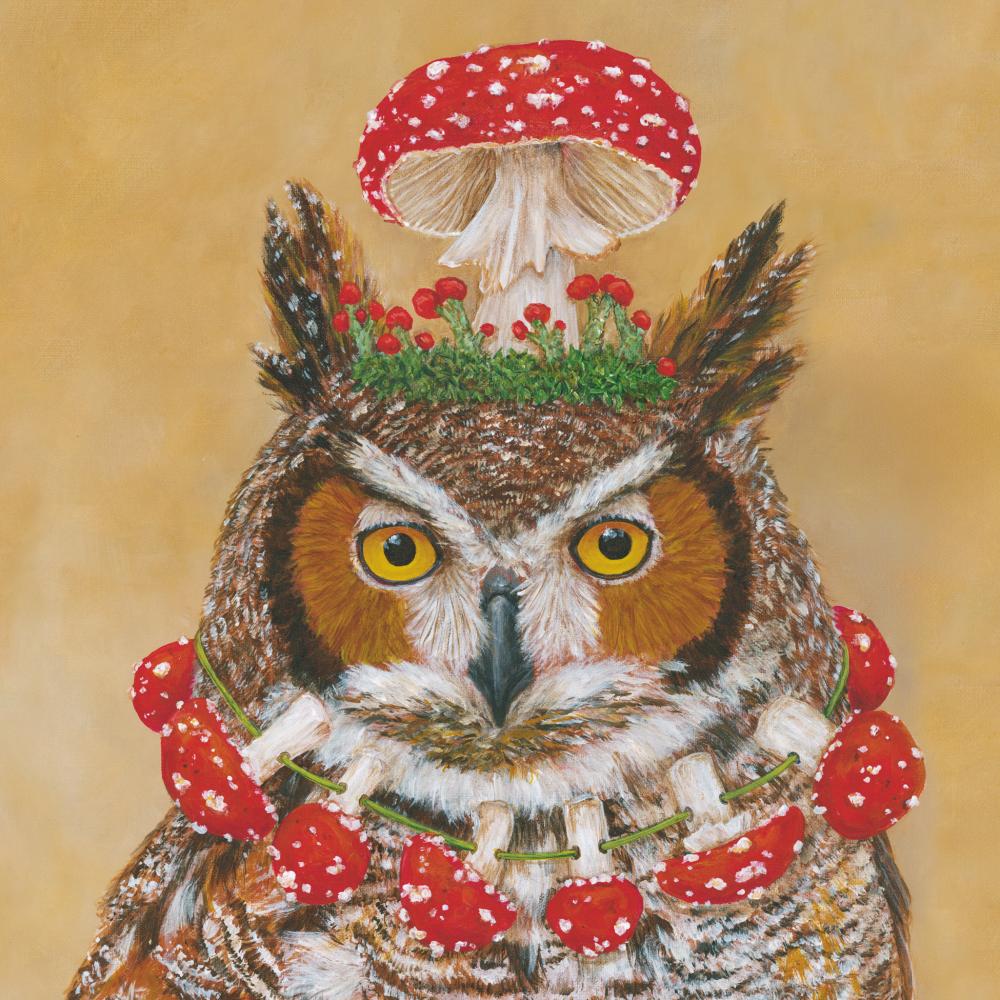 Cocktail napkin featuring artwork by Vicki Sawyer of an owl wearing a mushroom necklace and hat. 