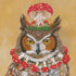 Cocktail napkin featuring artwork by Vicki Sawyer of an owl wearing a mushroom necklace and hat. 