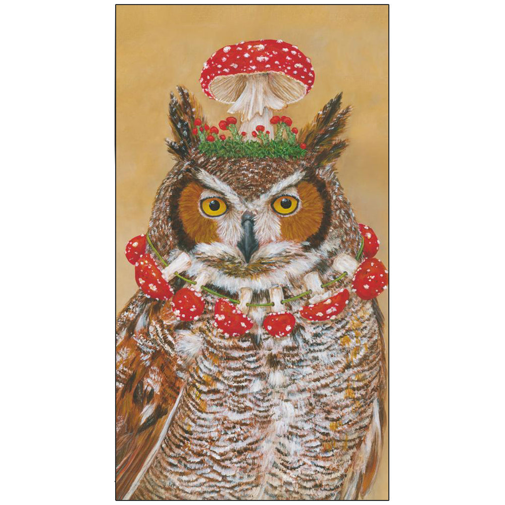 Guest towel napkin featuring artwork by Vicki Sawyer of an owl wearing a mushroom necklace and hat. 