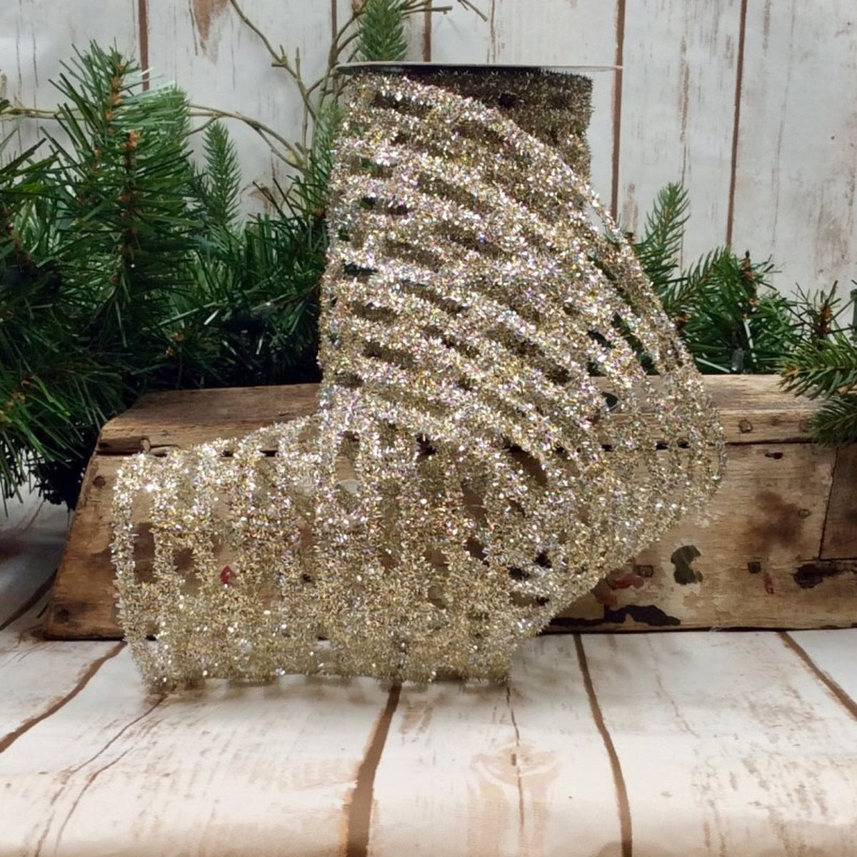 Platinum tinsel link ribbon.