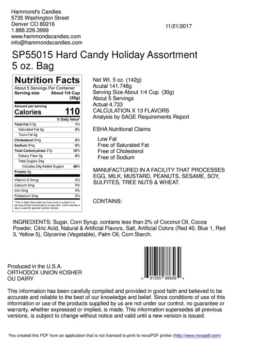 Nutritional Fact for Hard Candy.