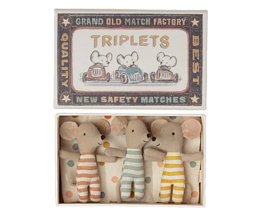 Three Maileg Baby Mice Triplets in a Matchbox.