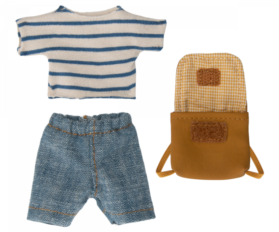 A Maileg Tricycle Mouse, Big Brother with Bag wearing a striped shirt and carrying a school backpack.