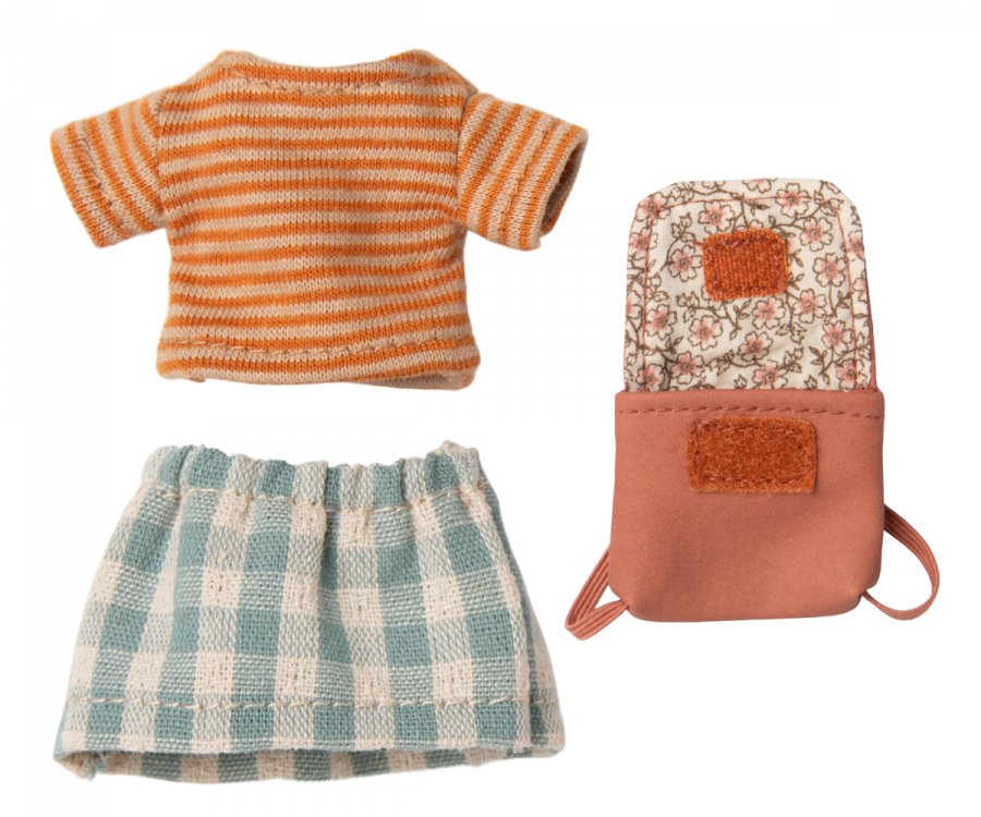 A Tricycle Mouse, Big Sister with Bag wearing a kindergarten dress by Maileg.