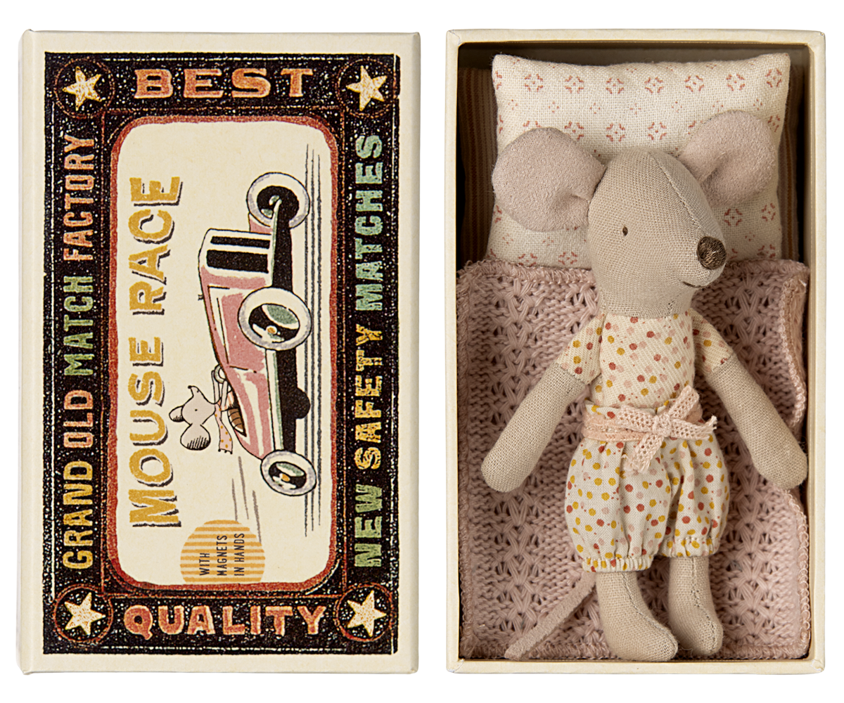 Stuffed mouse toy in a matchbox with a vintage-style matchbox labeled &