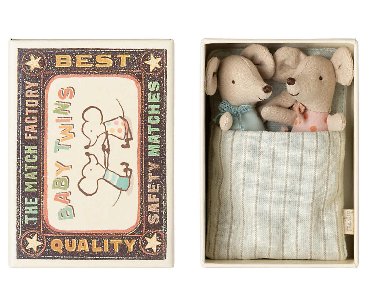 Baby twin mice in matchbox by Maileg. 