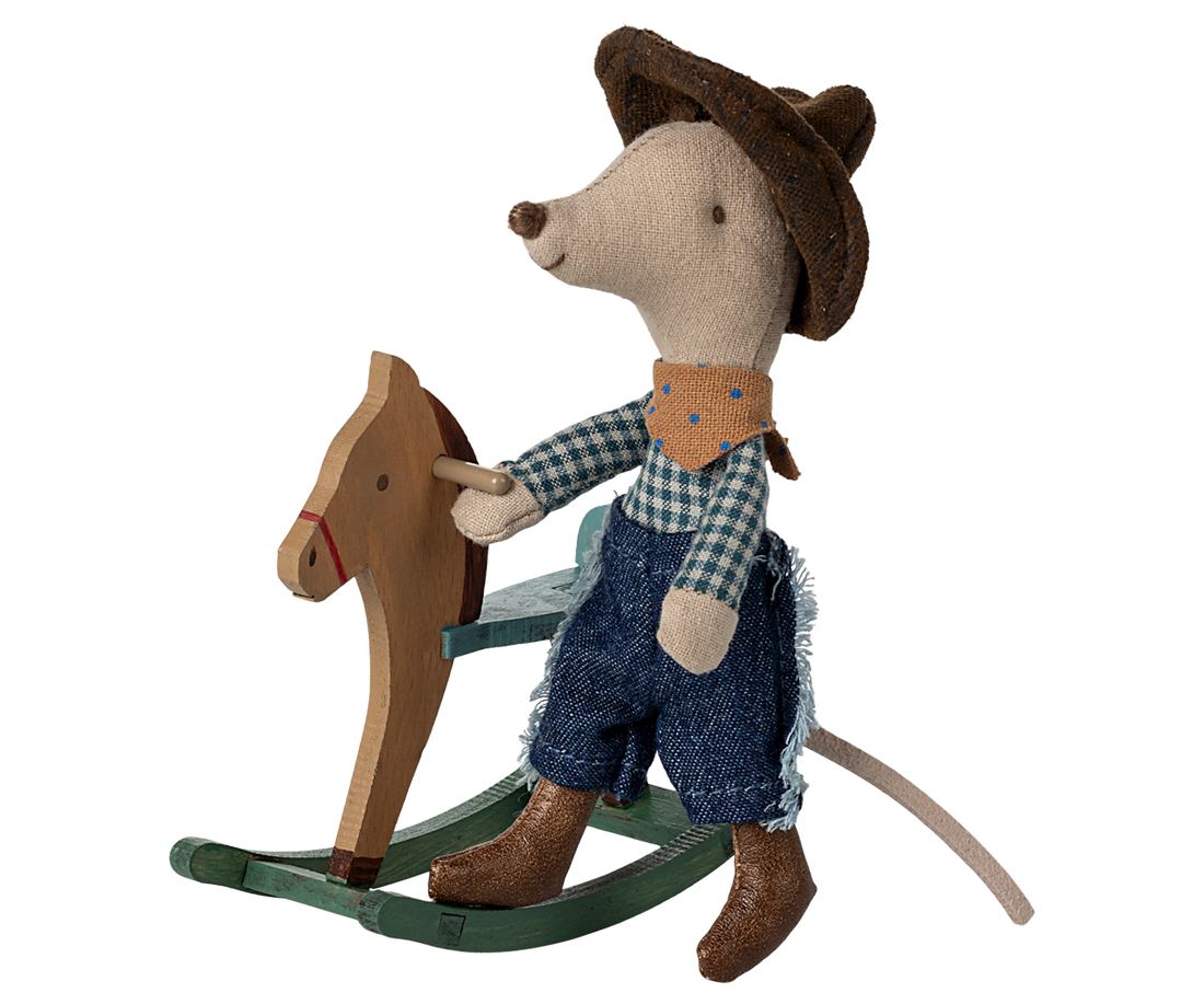 Little Brother Cowboy Mouse and his rocking horse by Maileg.