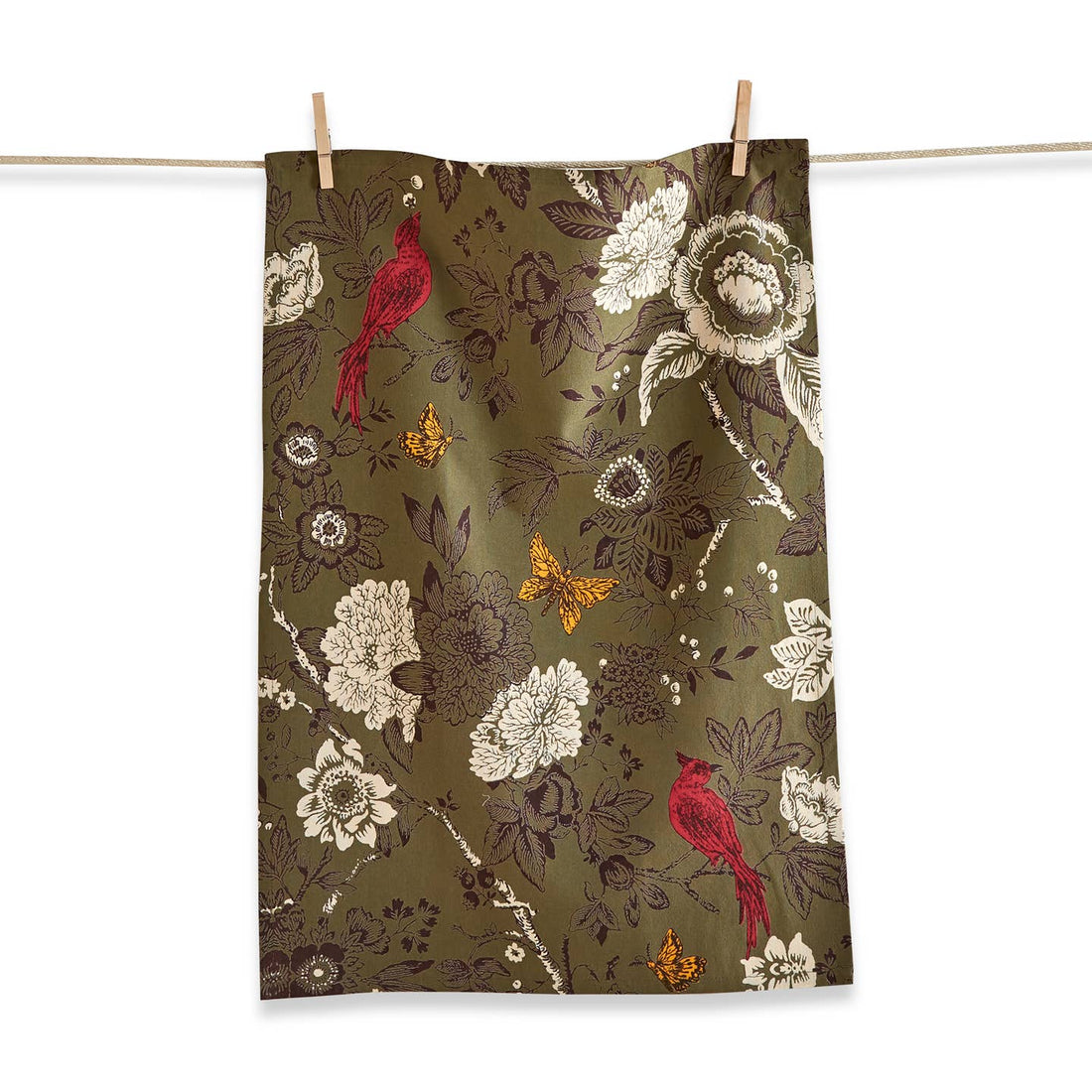 Dish towel printed with white flowers and red birds with yellow butterflies. 