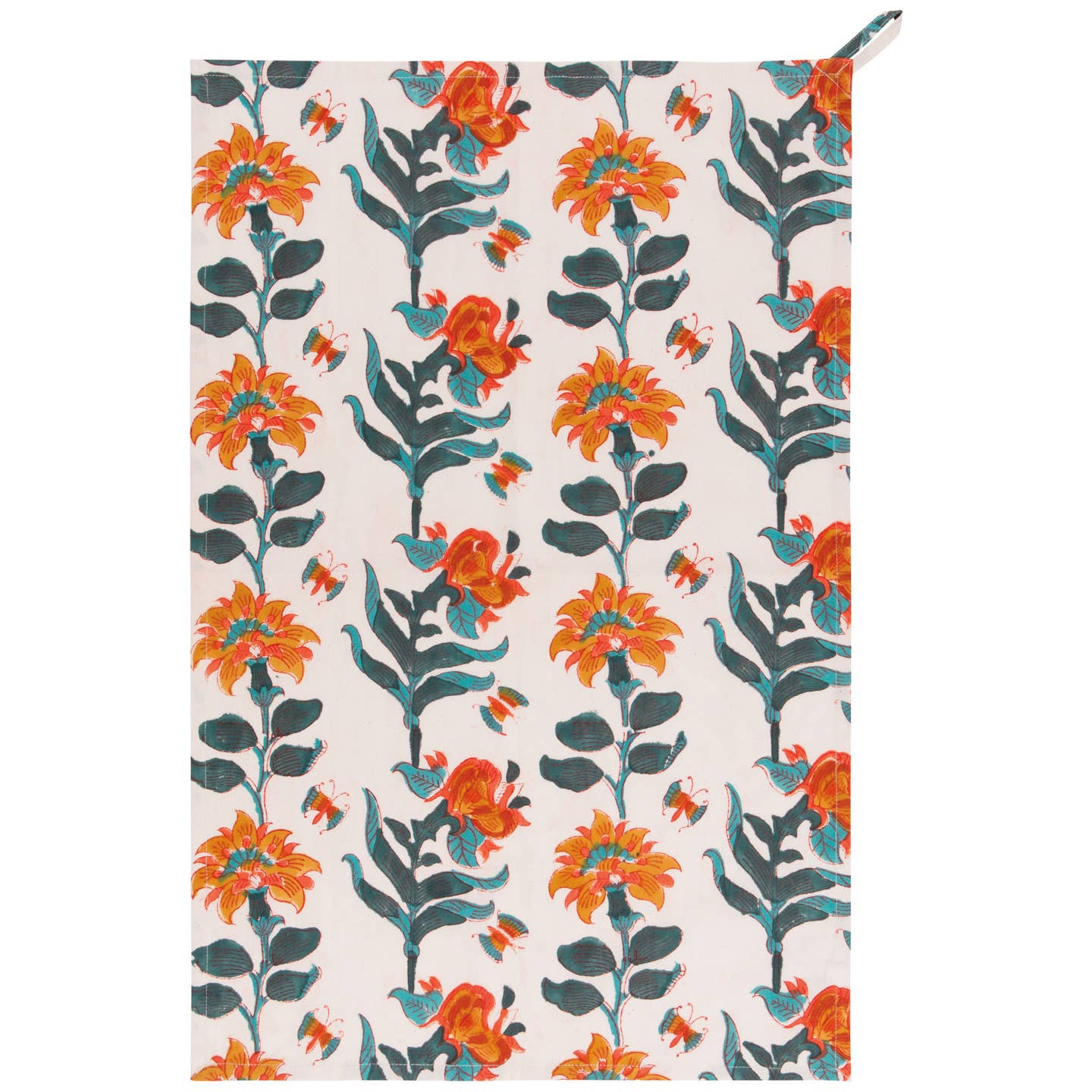 Tea towel with marigolds printed all over it.