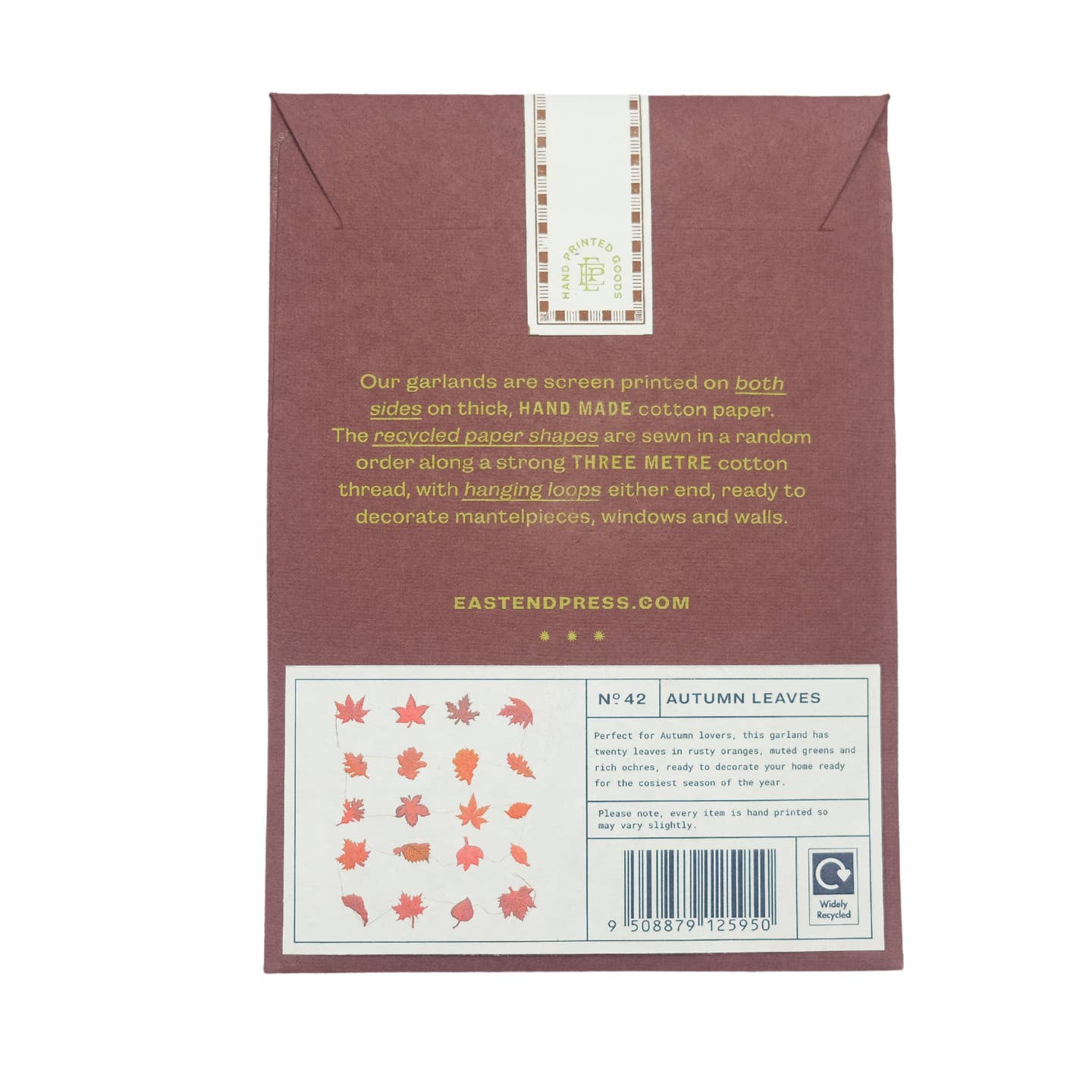 Back of packaging of Autumn Leaves Sewn Garland.