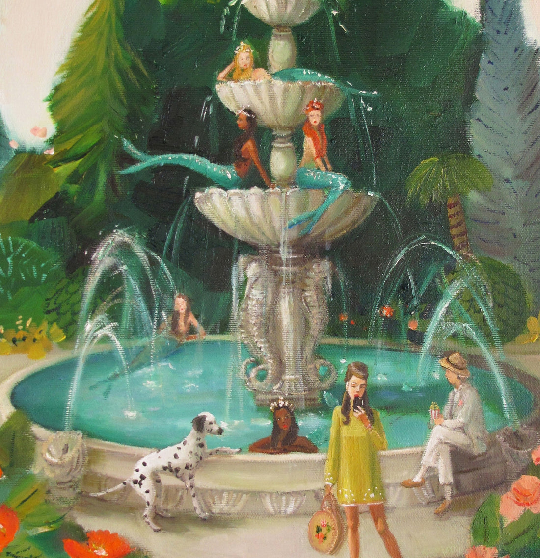 A painting by Janet Hill, a Canadian fine artist, of two women and a dalmatian dog by a garden fountain surrounded by lush greenery and vibrant flowers, created using Epson Ultrachrome archival inks.
