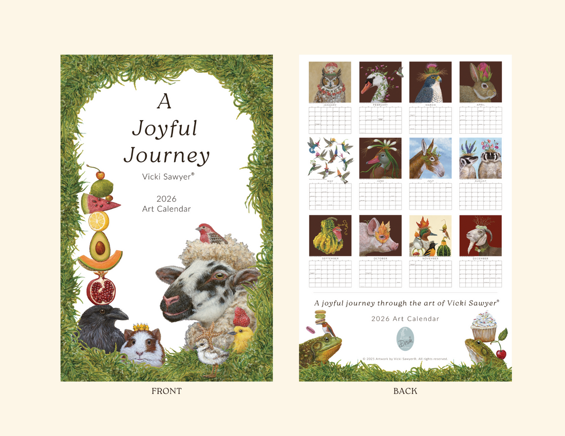 2026 art calendar by Vicki Sawyer with front and back views on a beige background