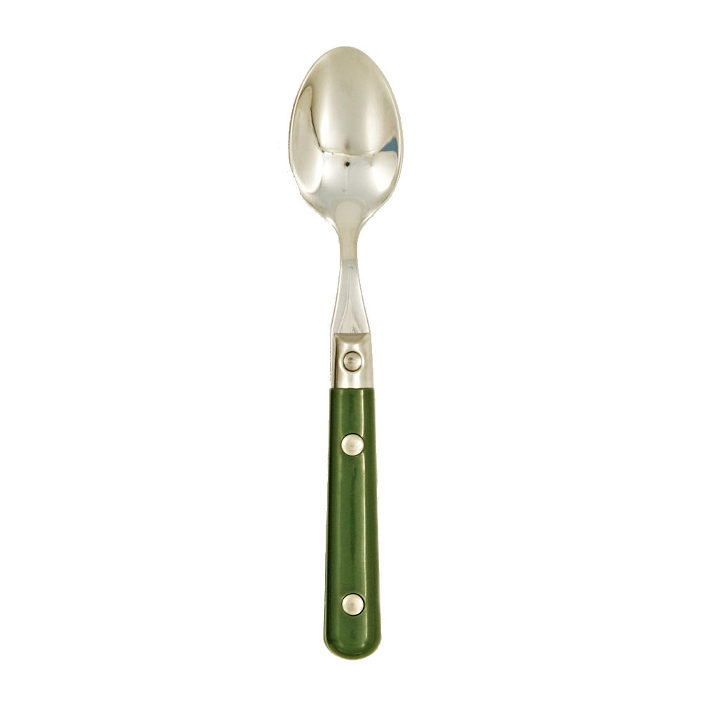 Spoon with a green handle on a white background.