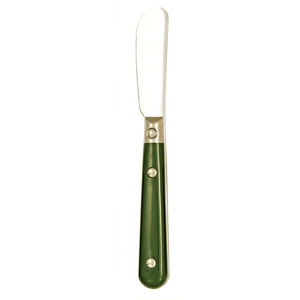 Butter knife with green handle on a white background.