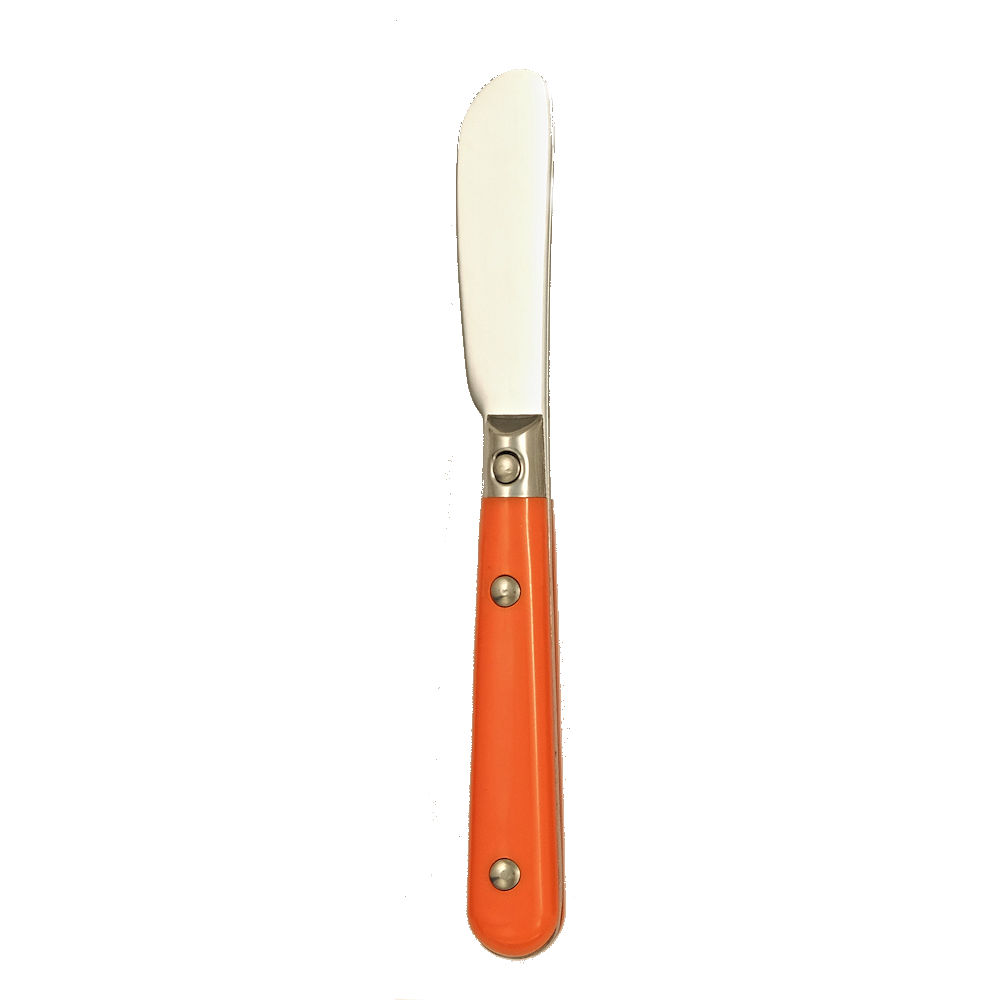 Butter knife with orange handle on a white background.