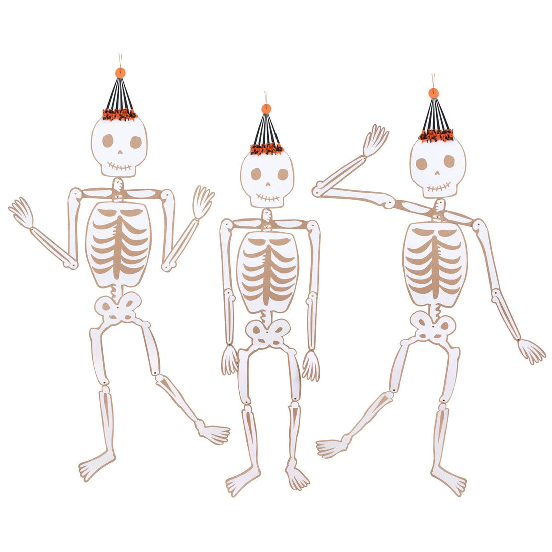 Three cartoon skeletons with festive hats on a white background