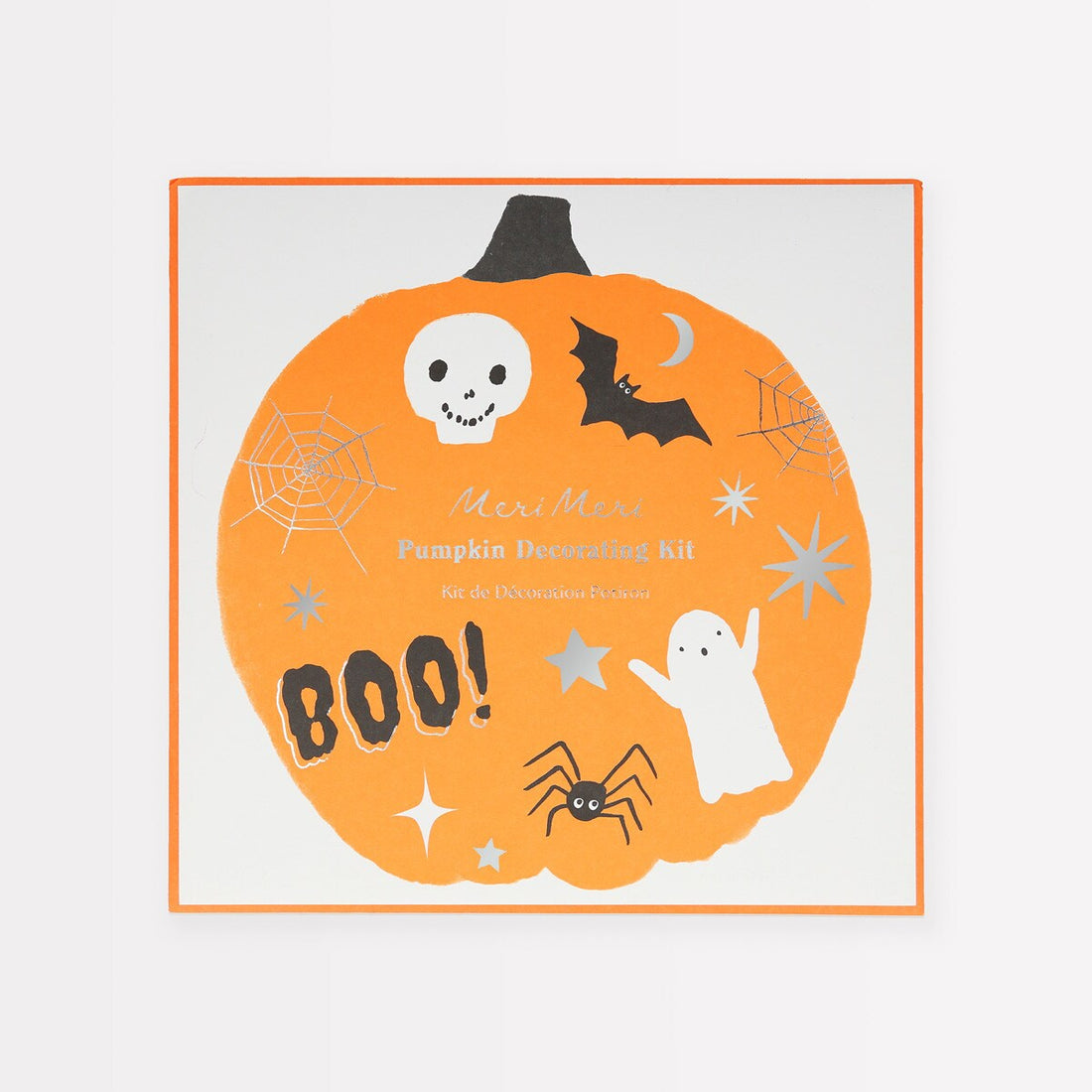 Halloween pumpkin decorating kit with decorative elements on a white background.