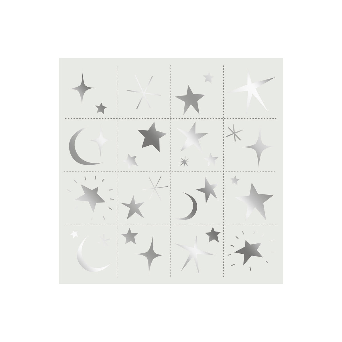 Sheet of star and moon-shaped cutouts on a white background.