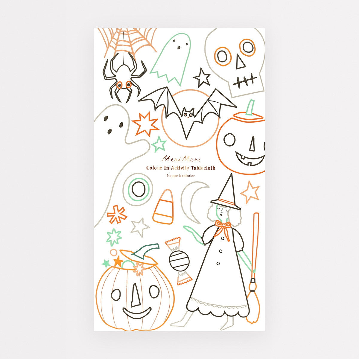 Halloween-themed tablecloth with ghost, pumpkin, and witch designs on a white background