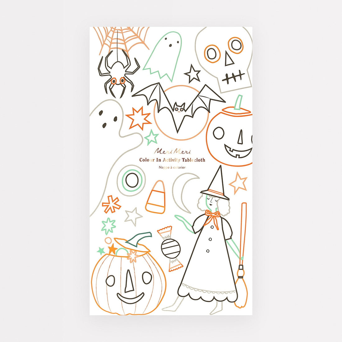 Halloween-themed tablecloth with ghost, pumpkin, and witch designs on a white background