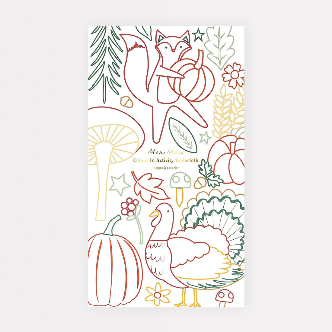 Color in tablecloth with fox, pumpkin, and turkey illustrations on a white background.