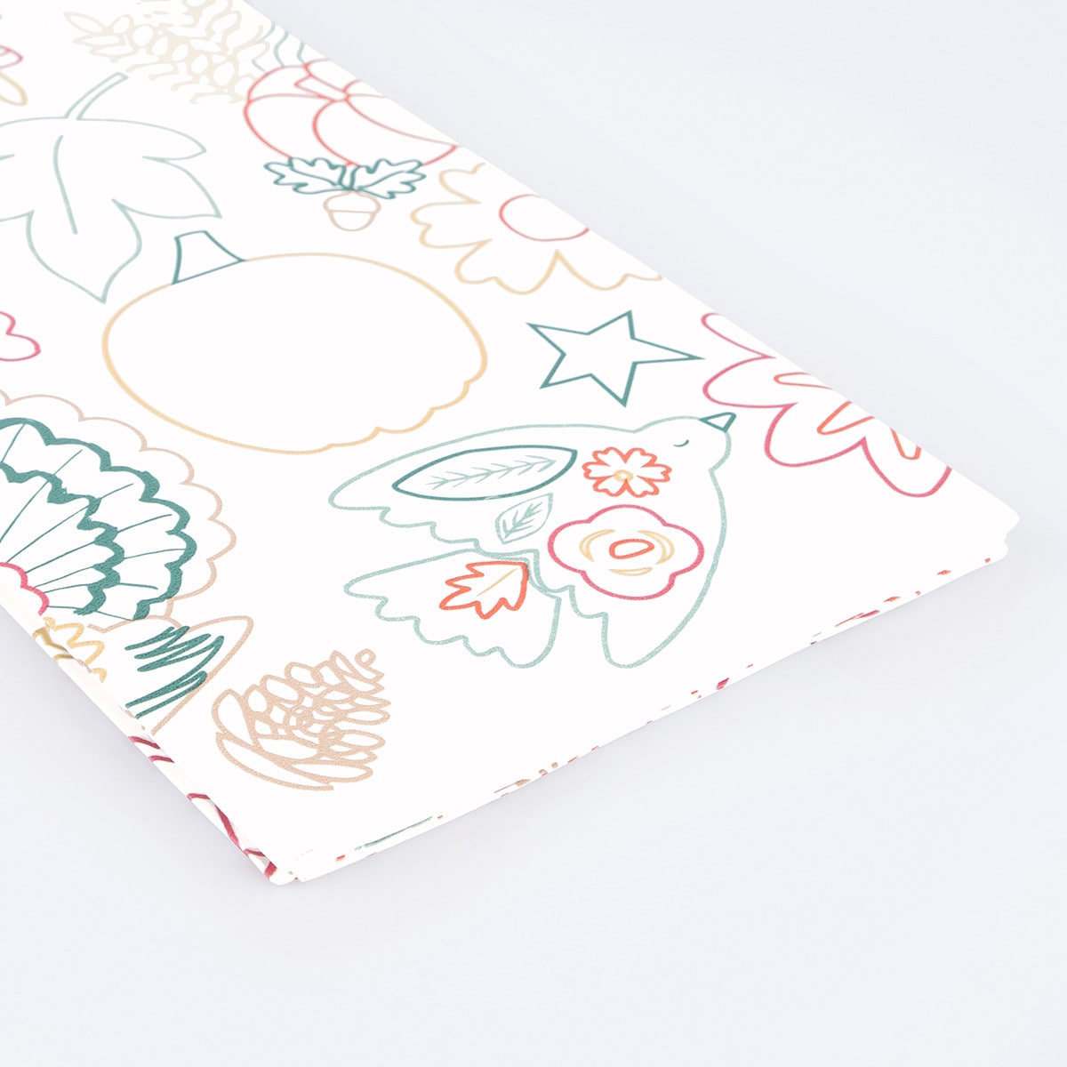 Color in tablecloth with fox, pumpkin, and turkey illustrations on a white background.