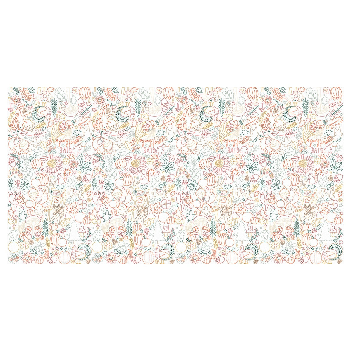 Color in tablecloth with fox, pumpkin, and turkey illustrations on a white background.