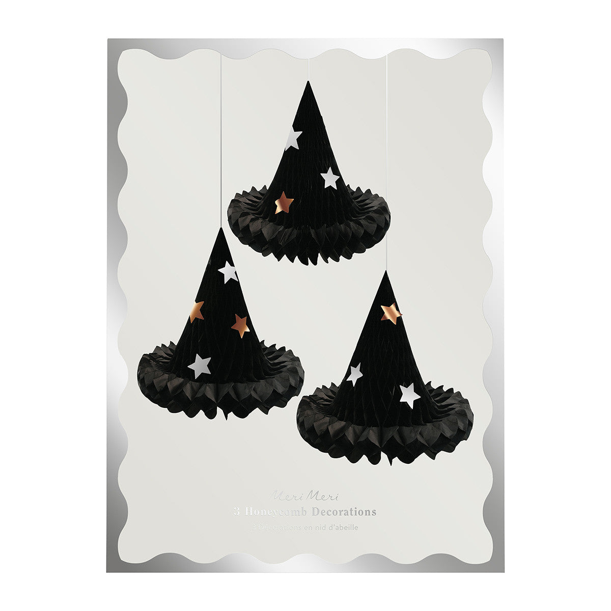 Packaging for Black witch hat decorations with stars on a white background