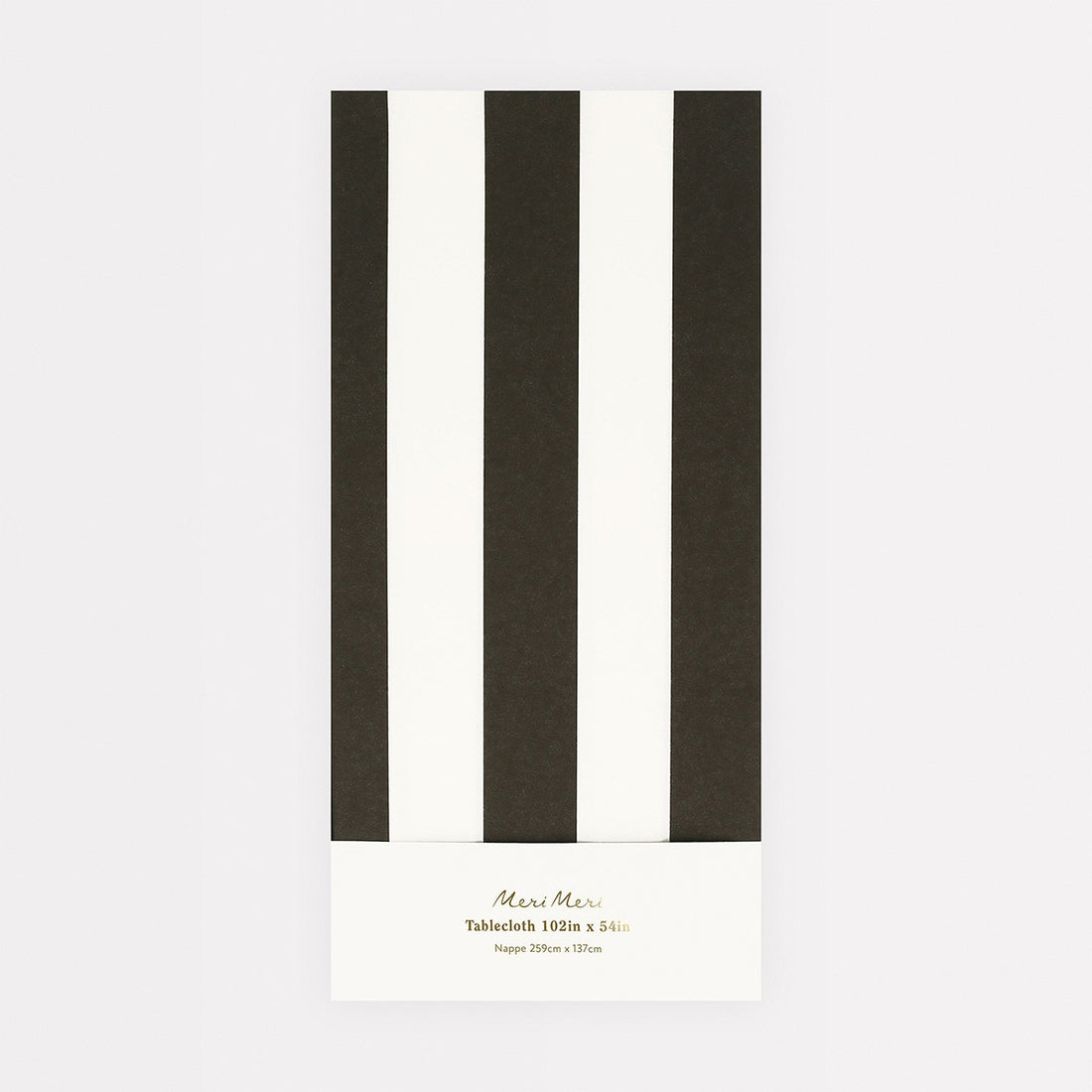 Black and white striped tablecloth packaging with brand name on a light gray background