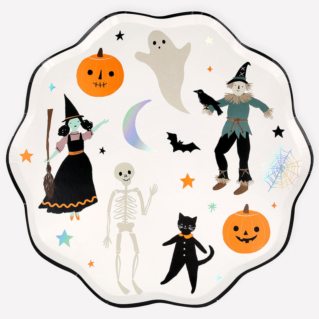 Decorative plate with Halloween-themed illustrations including ghosts, pumpkins, and witches.