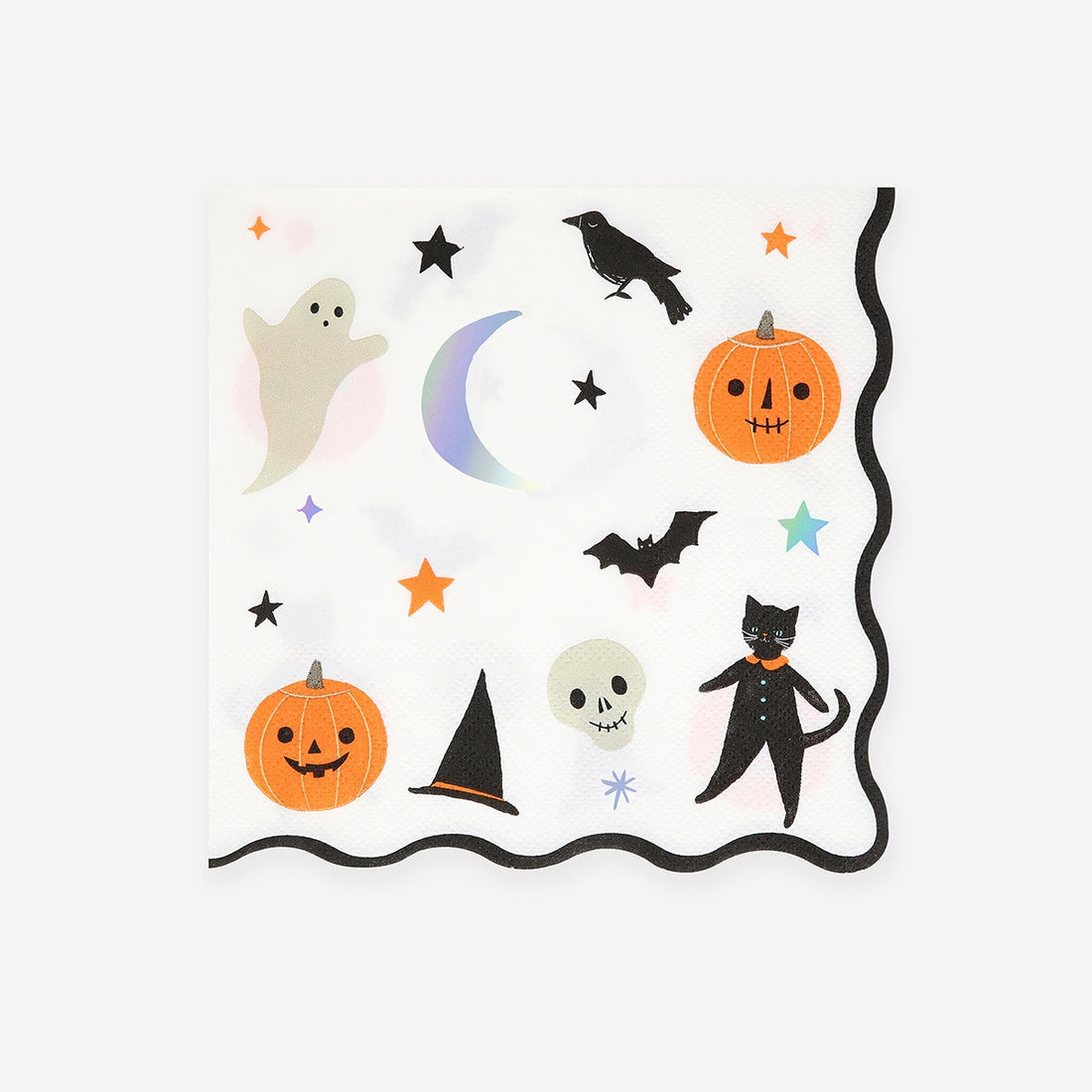 Halloween-themed paper napkin illustrated with ghosts, pumpkins, cats, and stars on a white background. 