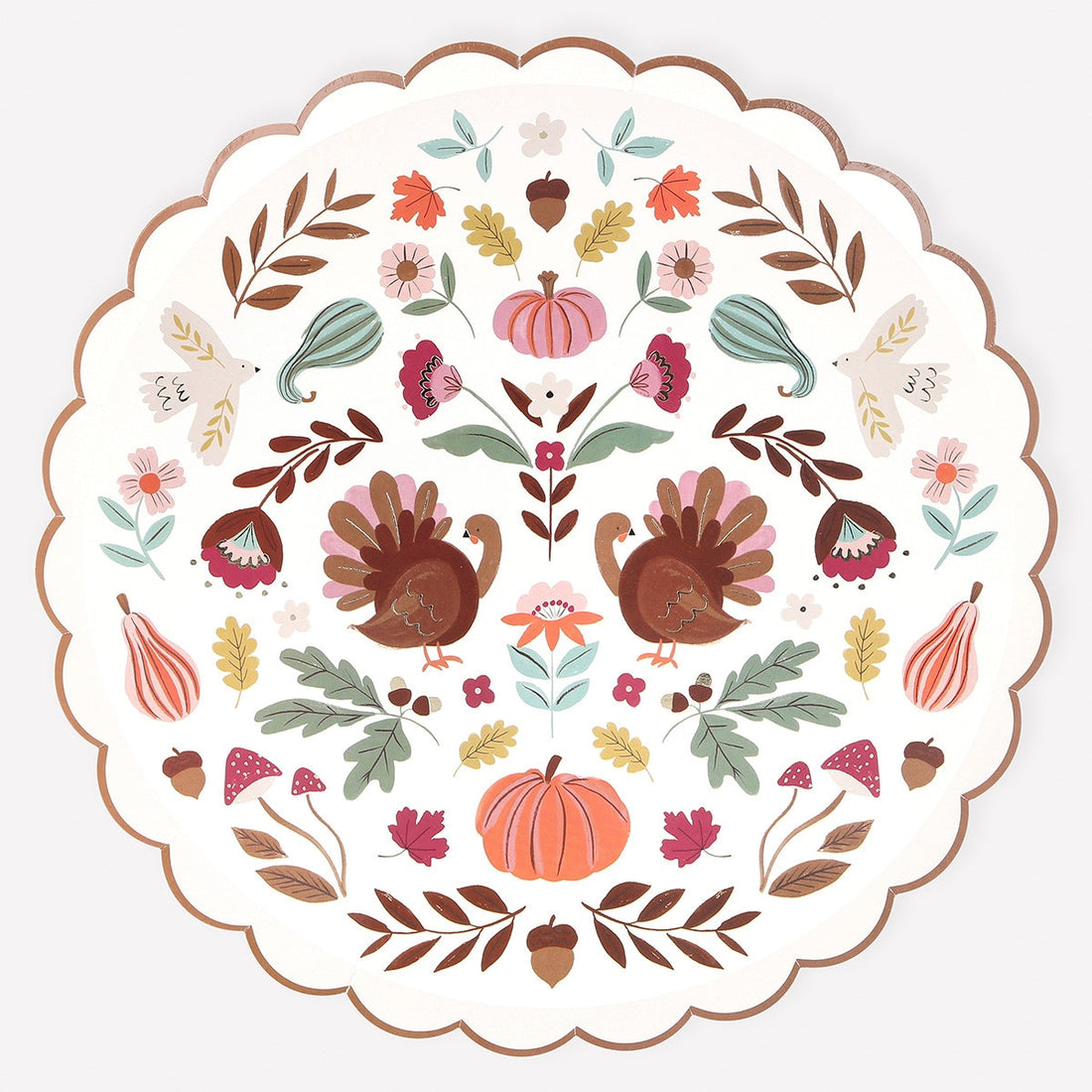 Decorative circular plate with turkeys, pumpkins, and autumn leaves on a white background.