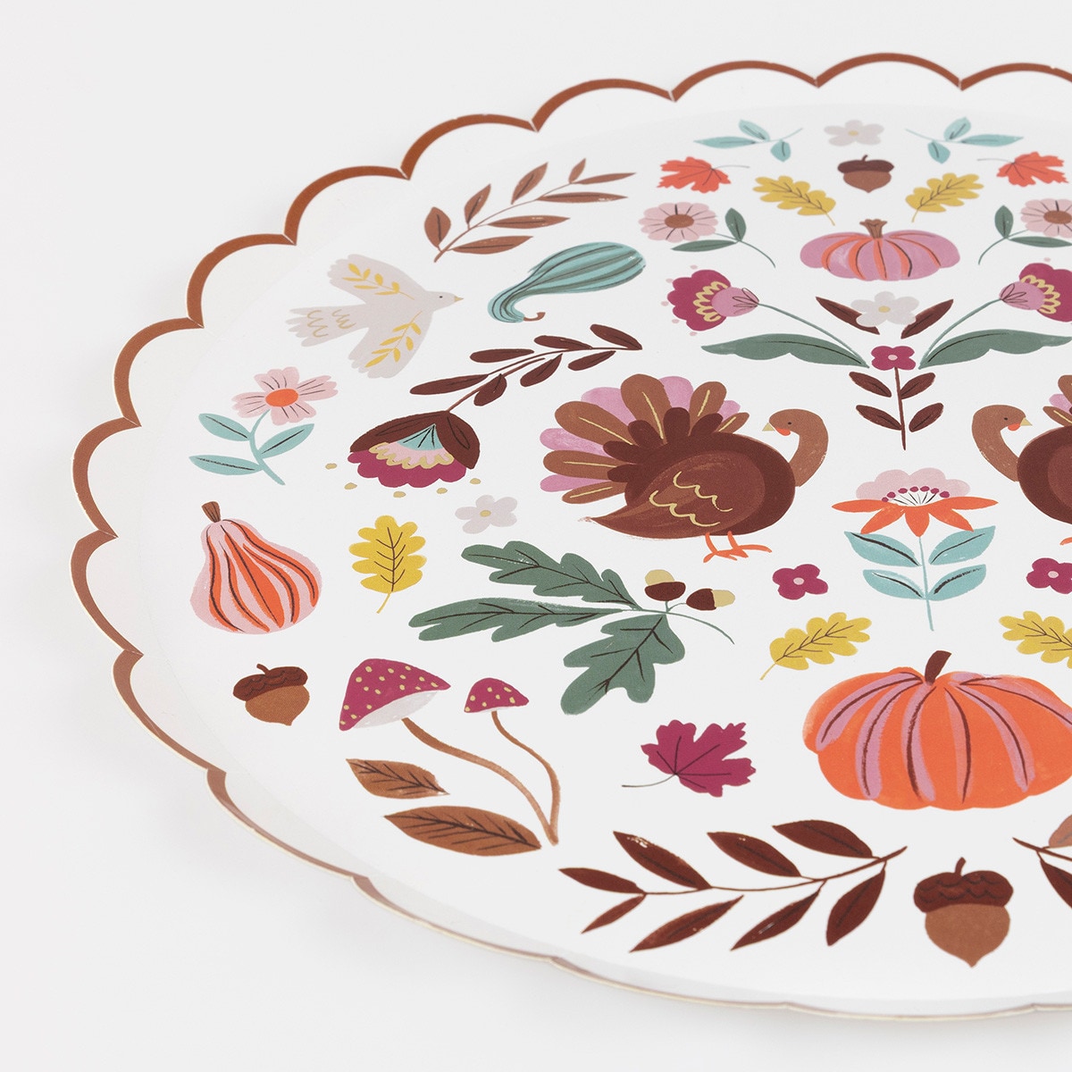 Decorative plate with autumn-themed design featuring turkeys, pumpkins, and leaves on a white background.