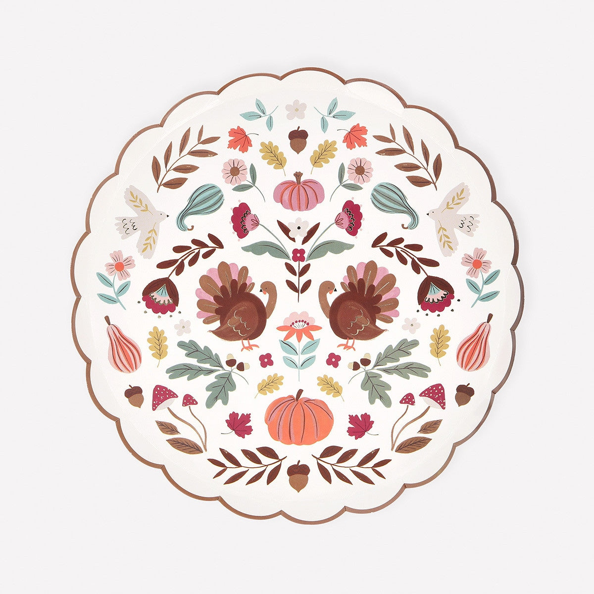 Decorative plate with autumn-themed illustrations including turkeys, pumpkins, and leaves on a white background.