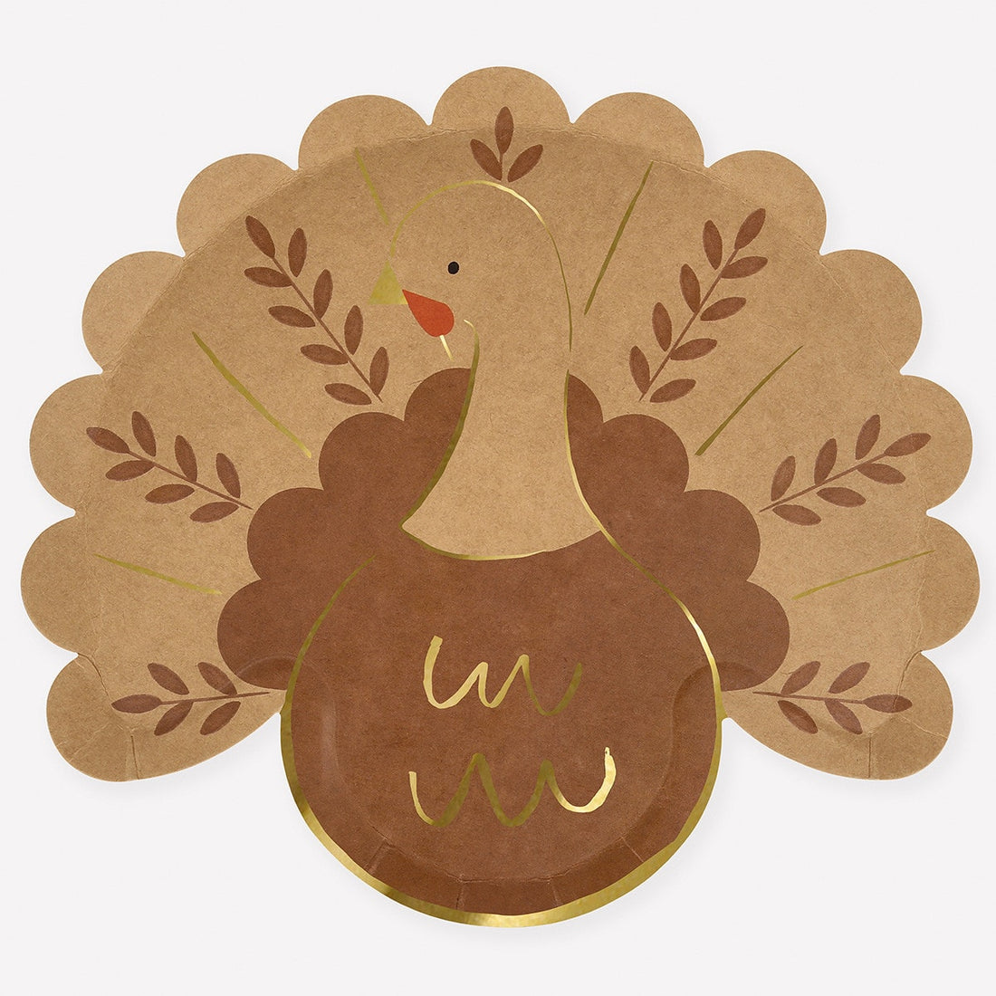 Paper plate shaped like a turkey with gold accents on a white background.