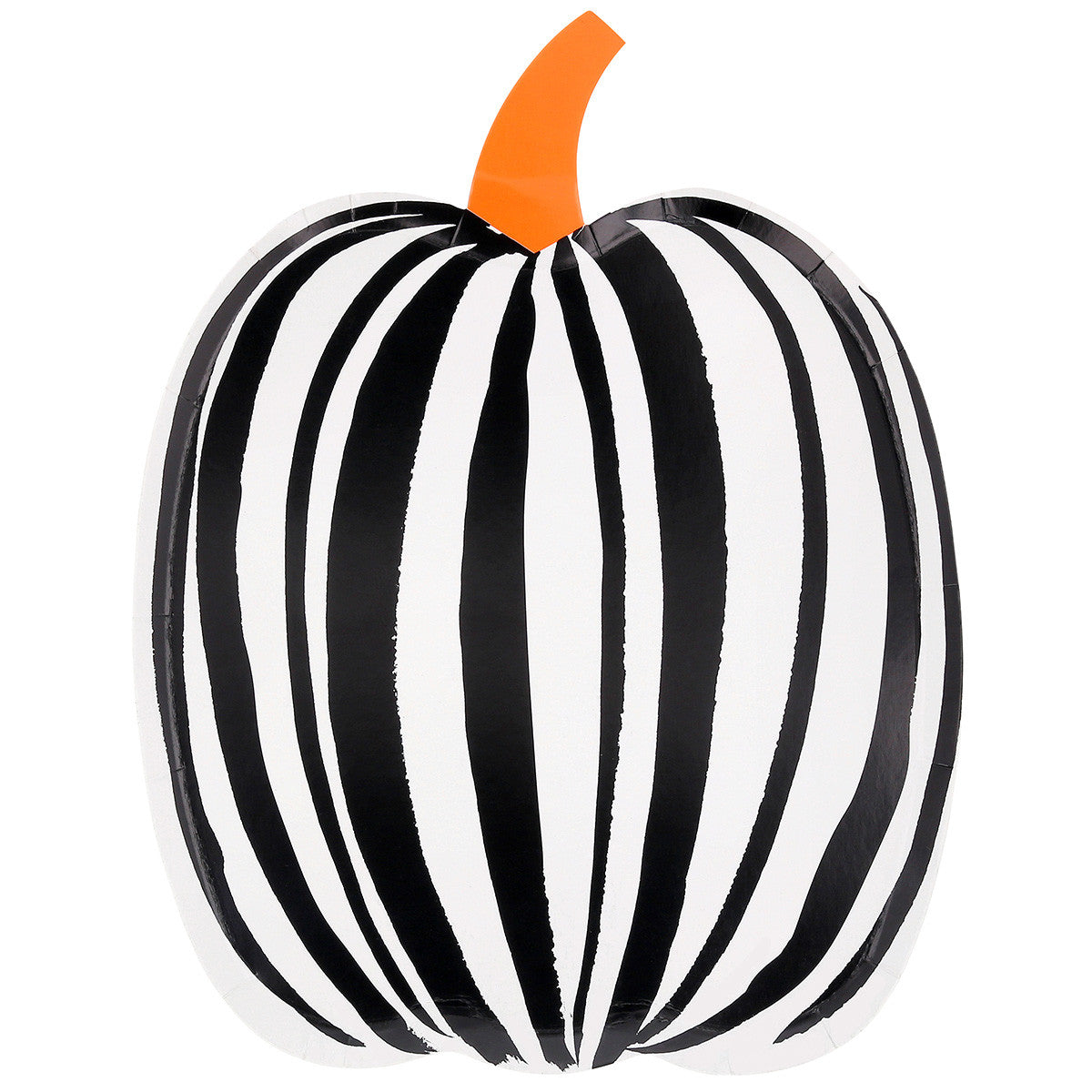 Decorative pumpkin shaped paper plate with black and white stripes and an orange stem on a white background.