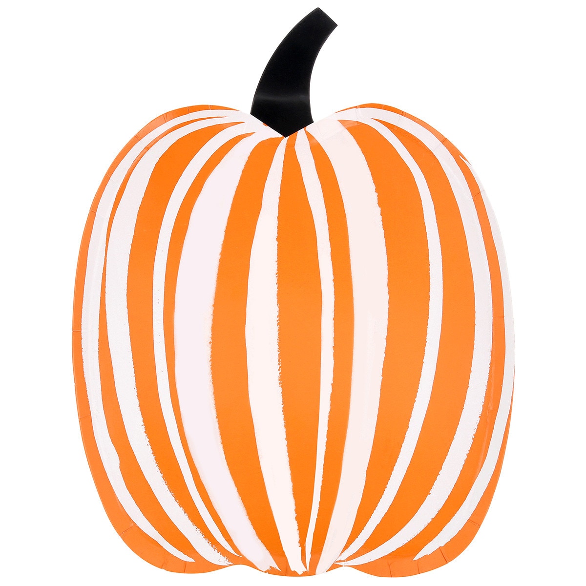 Pumpkin shaped paper plate with orange and white stripes on a white background.
